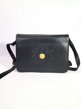 Vtg Saphire Faux Black Leather Accordion Shoulder Bag Gold Emblem Y2K